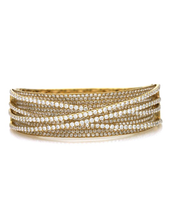 Diamond Pave Crossover Hinged Bangle Bracelet in Yellow Gold
